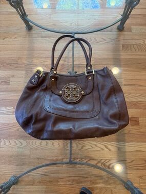 Tory Burch Dark Brown Pebbled Leather Tote with Gold Logo